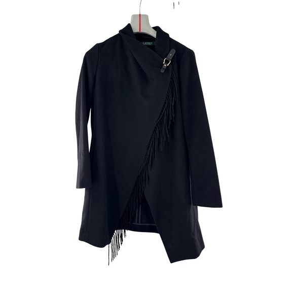 Lauren Ralph Lauren Jackets & Blazers - Lauren‎ Ralph Lauren Coat Womens S Black Fringe Wrap Wool Blend Asymmetrical